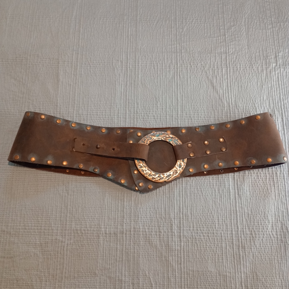 Designer Brown Leather Belt With Bronze Studs and Verdigris - Picture 8 of 8